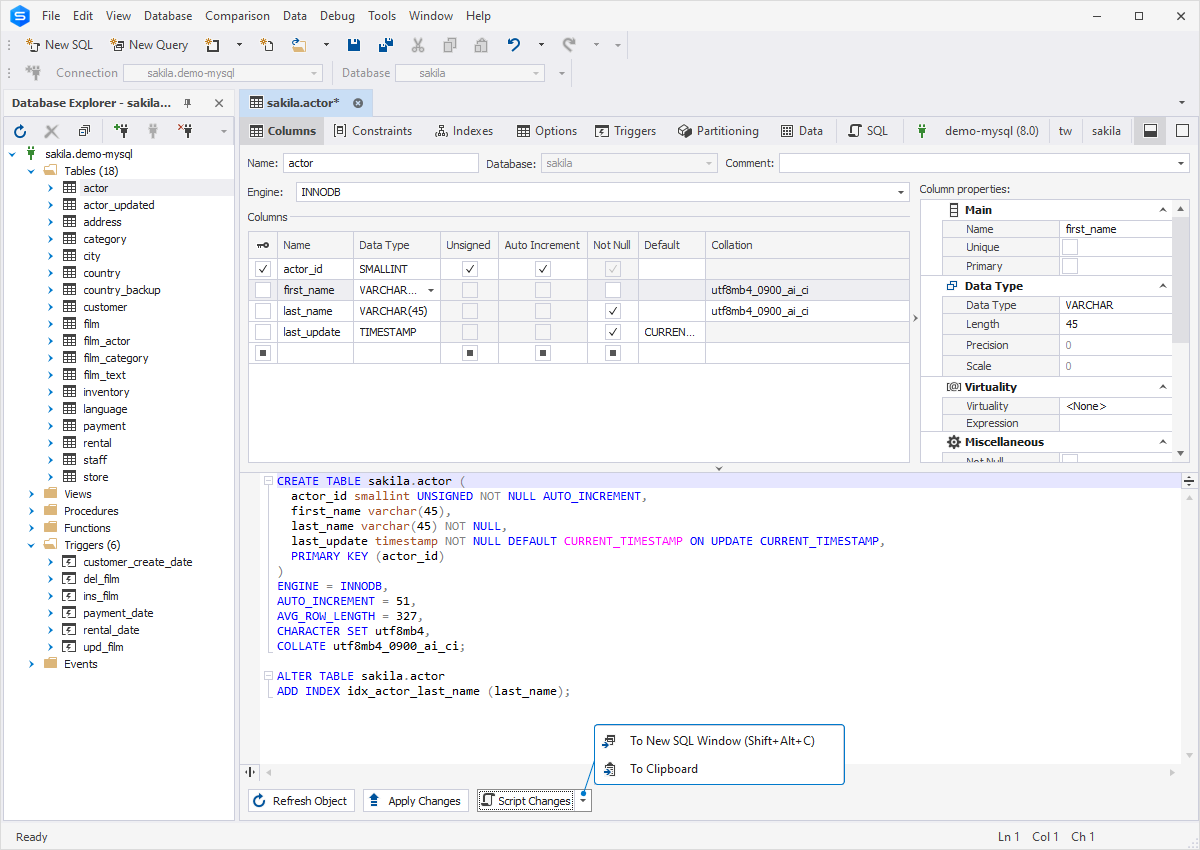 Preview of the changes in MySQL Table Designer