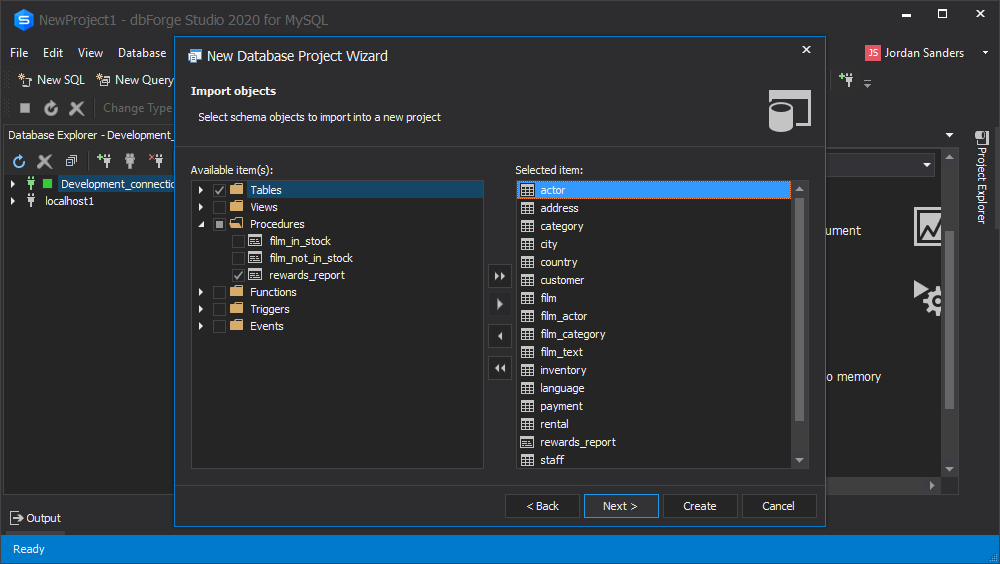 Importing MySQL database objects into a project