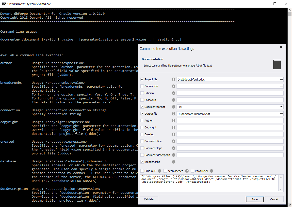 dbForge Documenter for Oracle - Command-line interface for documenting Oracle databases