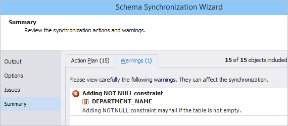 Schema Compare for Oracle: Review Sync Warnings