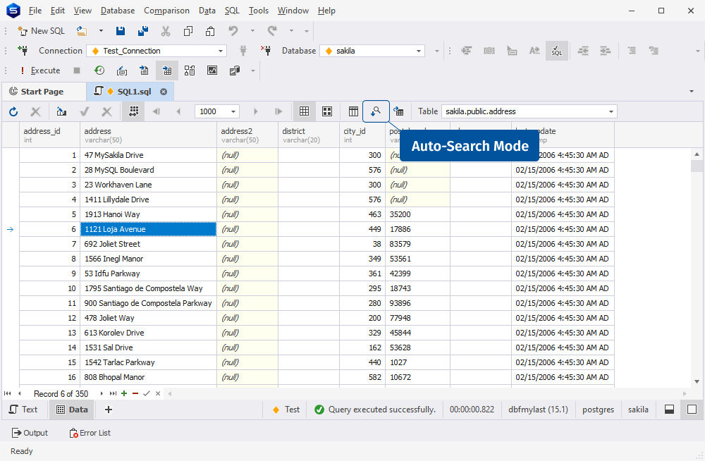 Auto-Search Mode sign on the toolbar of PostgreSQL Data Editor