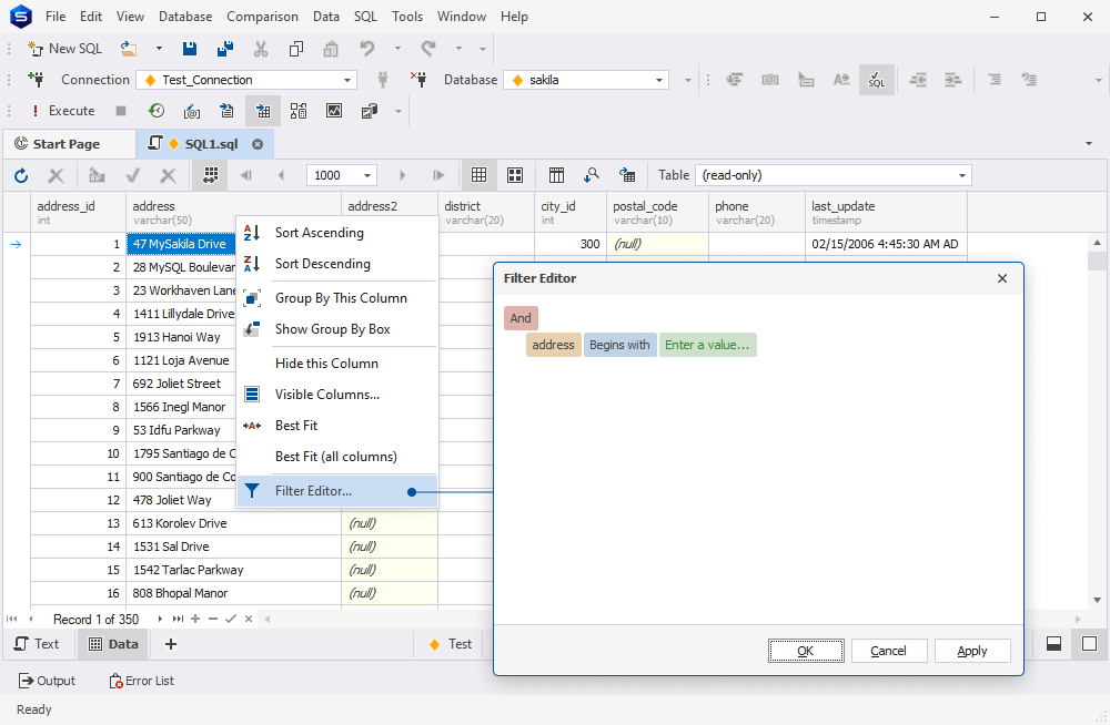 Building a filter in PostgreSQL Studio Editor