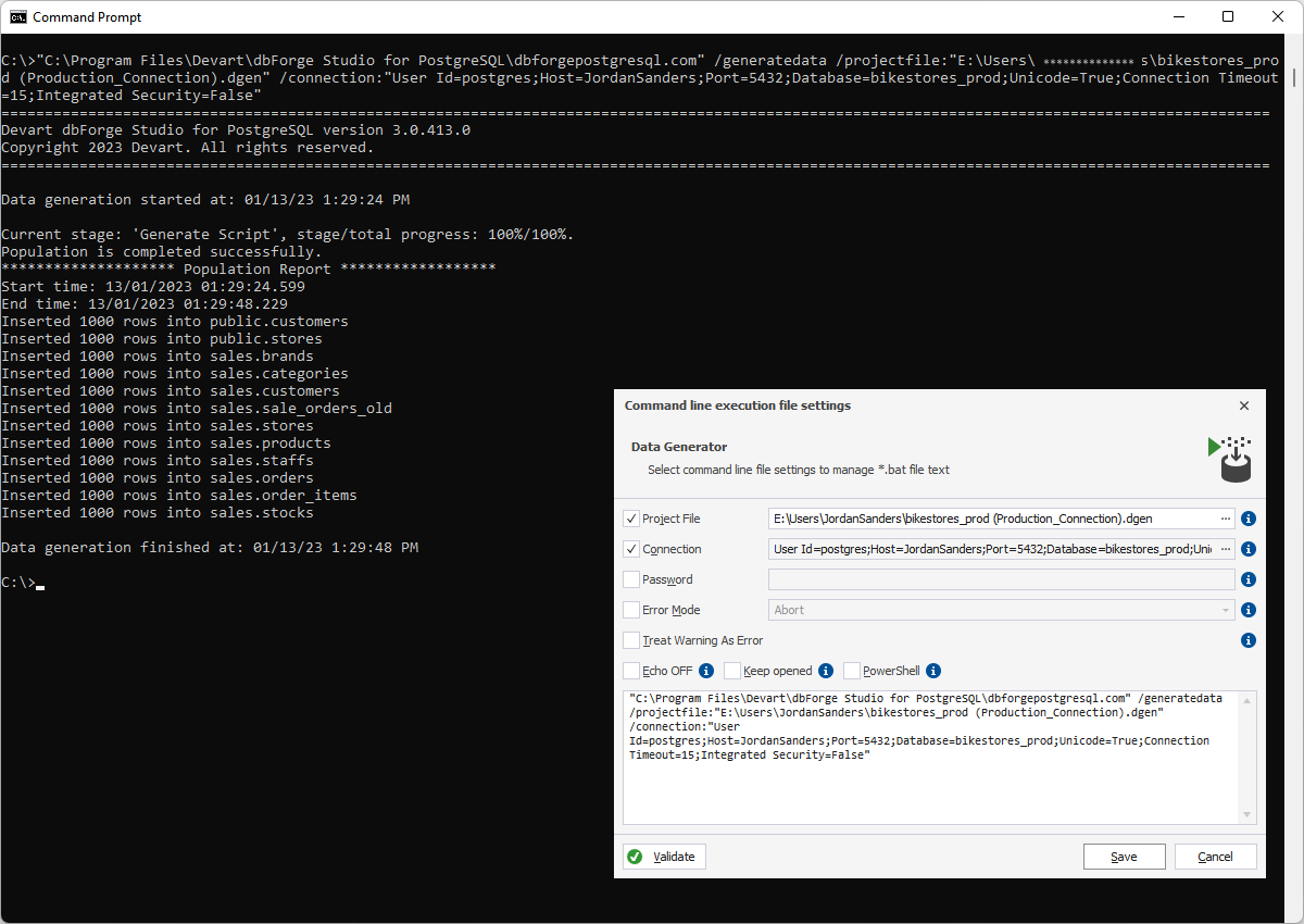 The command-line execution file in dbForge Data Generator for PostgreSQL