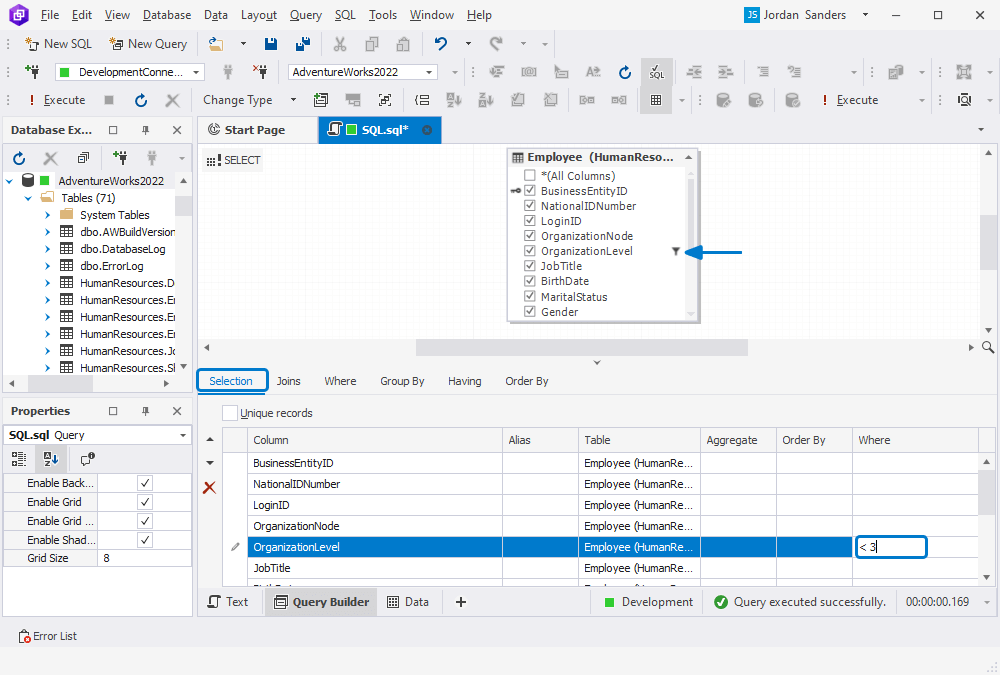 Specify a filter condition for the column on the Selection tab