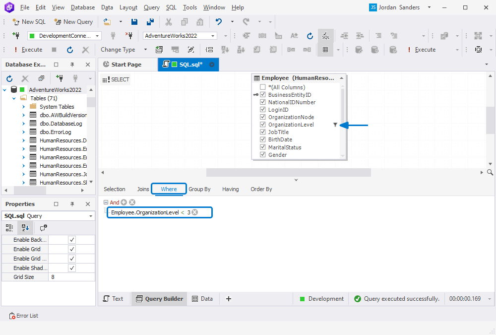 Specify a filter condition for the column on the Where tab