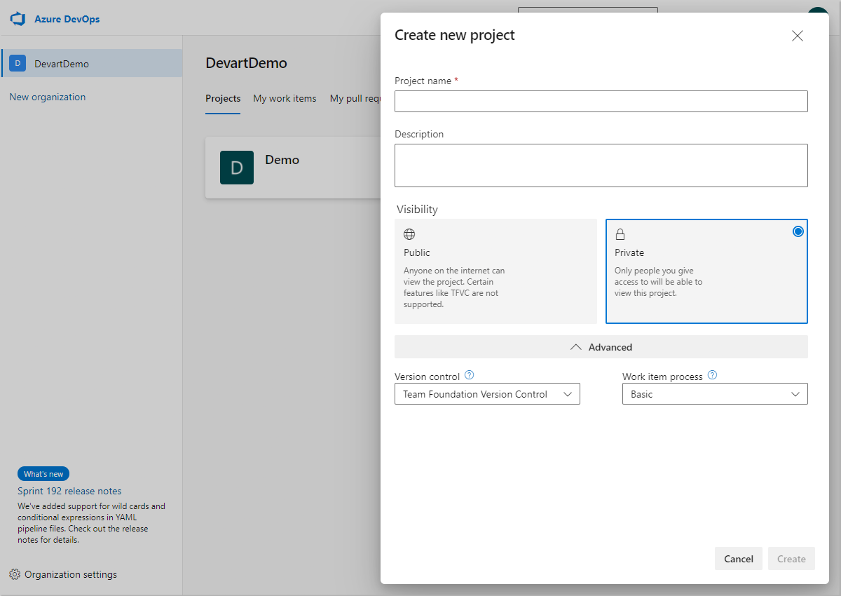 dbForge Source Control - Creating a new Azure DevOps project in the Azure DevOps account