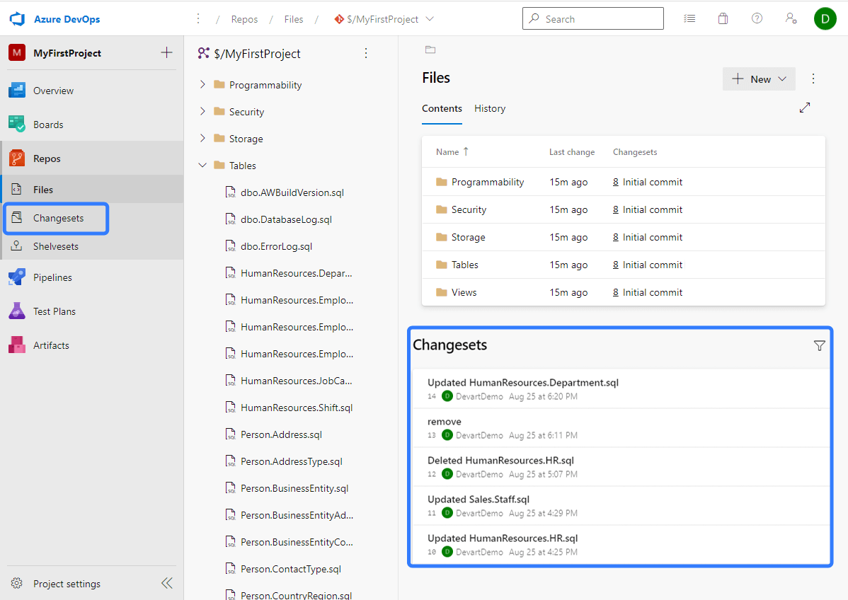 dbForge Source Control - View database files and changes history in Azure DevOps