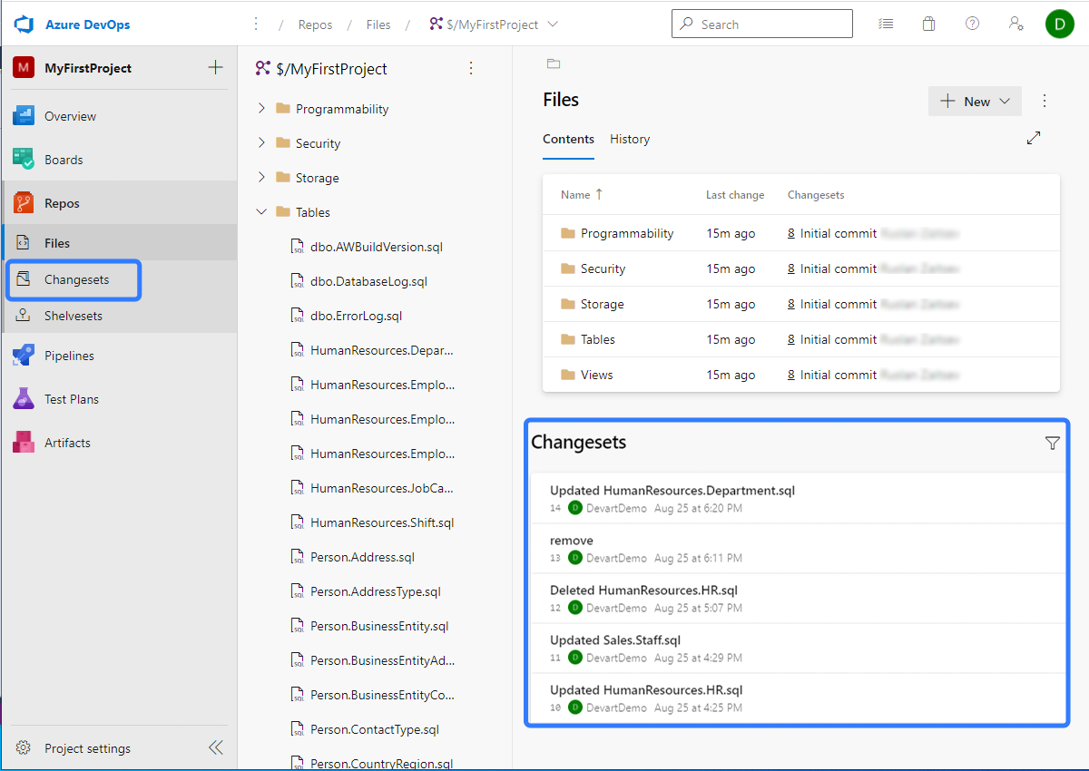 dbForge Source Control - View database files and changes history in Azure DevOps