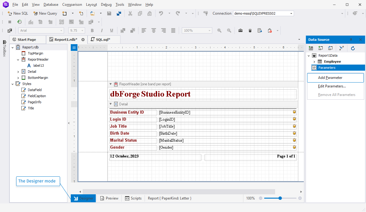 Add a parameter to a SQL database report