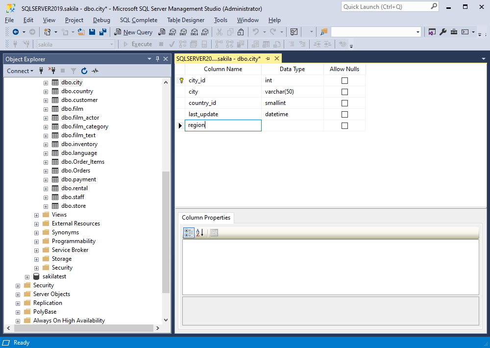 Add a column to a table using SSMS - Table Designer