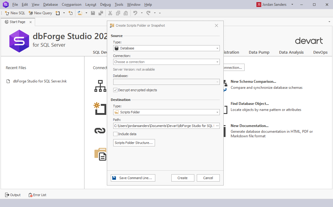 Create a scripts folder or a snapshot in dbForge Studio for SQL Server
