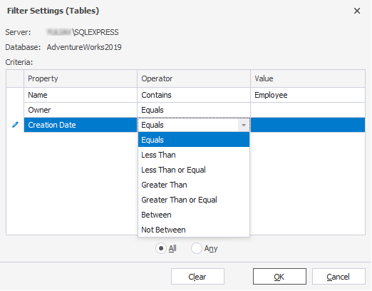 Set up a SQL filter for the table in the Filter Settings dialog