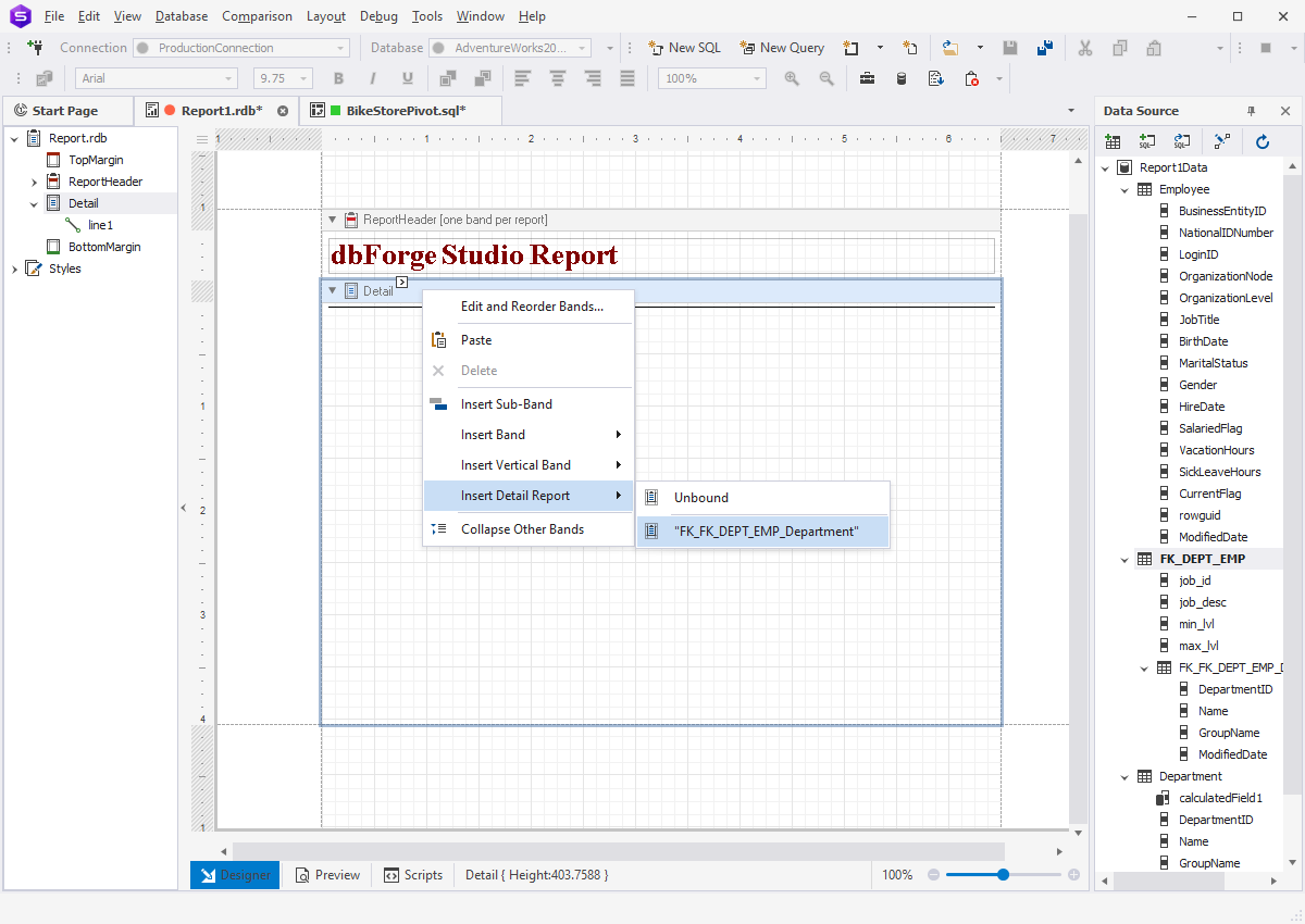 Insert detail report via our reporting tool for SQL Server
