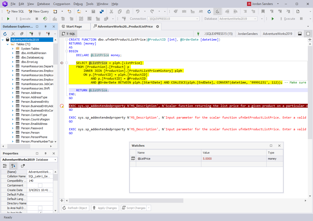 Analyzing Variables in the Script while debugging with dbForge Studio for SQL Server