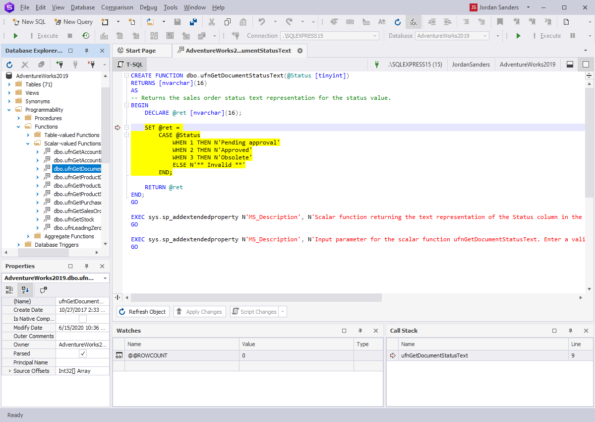 SQL debug - Function debugging