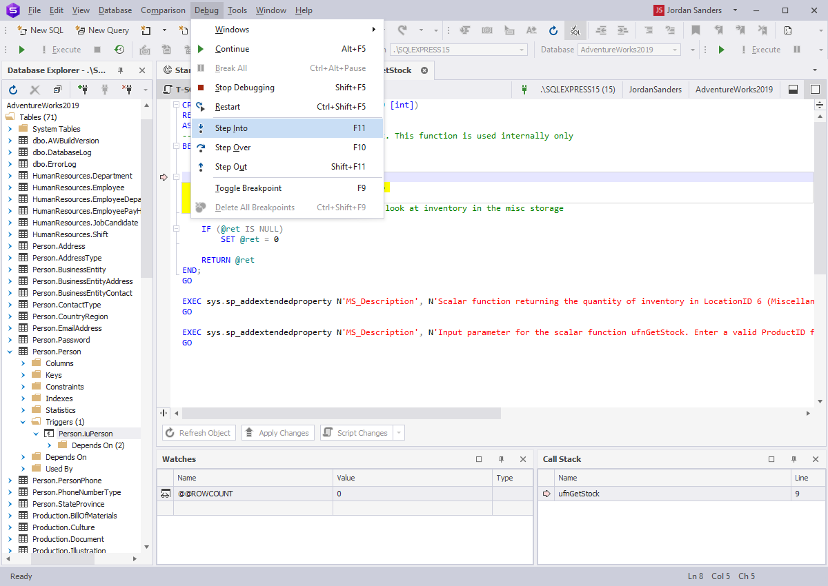 MS SQL debug stored procedure - debugging execution control