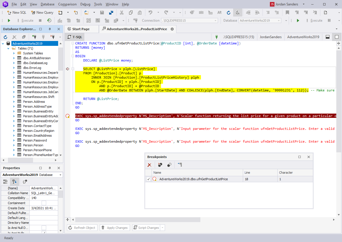 Working with Breakpoints in dbForge Studio for SQL Server