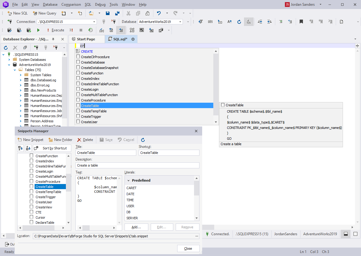 Visual SQL Editor - SQL Snippets