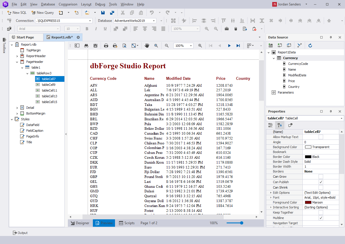 Overview of different SQL data reports that can be built with the Report Builder reporting tool