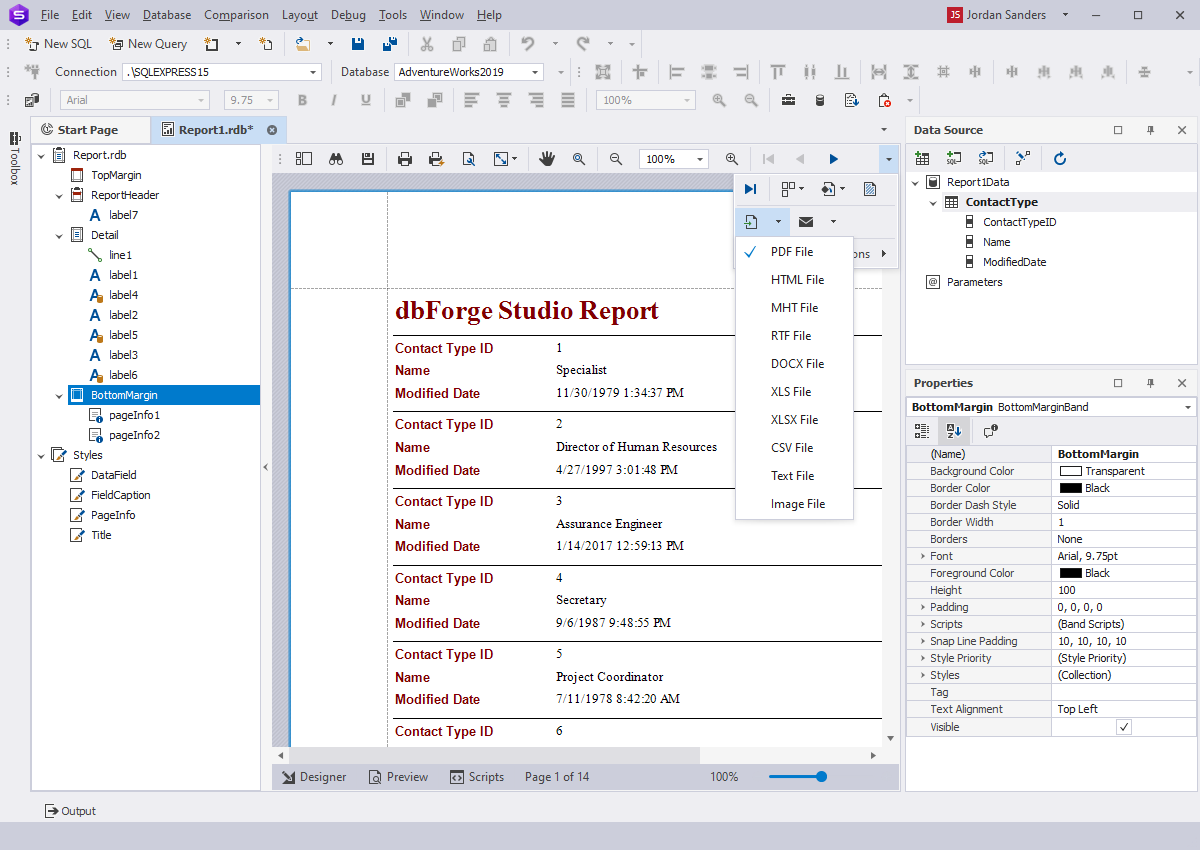 Viewing the tasks you can perform in SQL reports in dbForge Studio for SQL Server