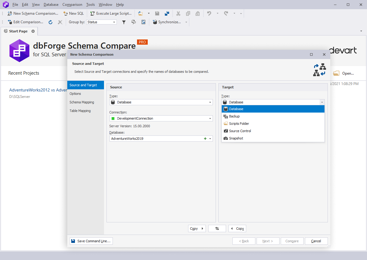 dbForge Schema Compare for SQL Server - Unterstützte Datenquellen