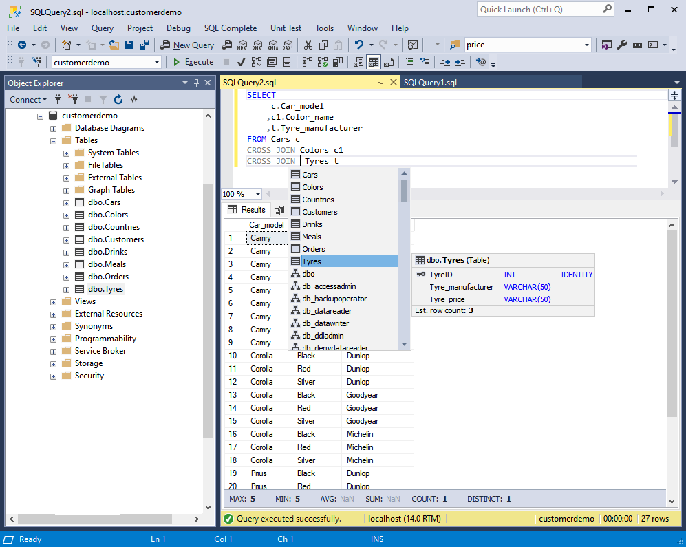 How to cross join three tables in SQL Server with the help of SQL Complete