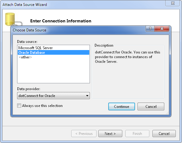 dotConnect for Oracle - Choose Data Source dialog box