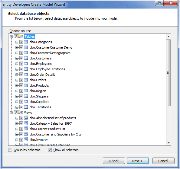 Database objects selection