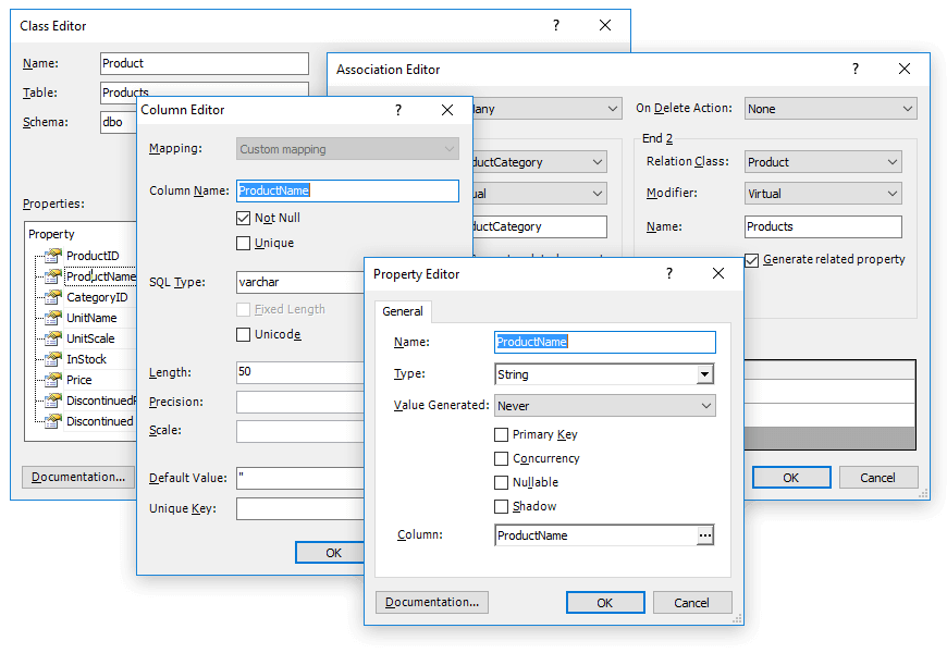 Entity Framework Core Designer Dialog Boxes