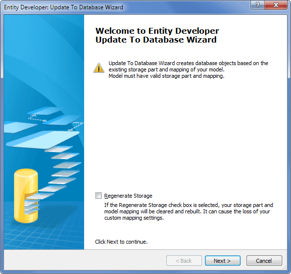 Welcome to Entity Developer Update to Database Wizard window