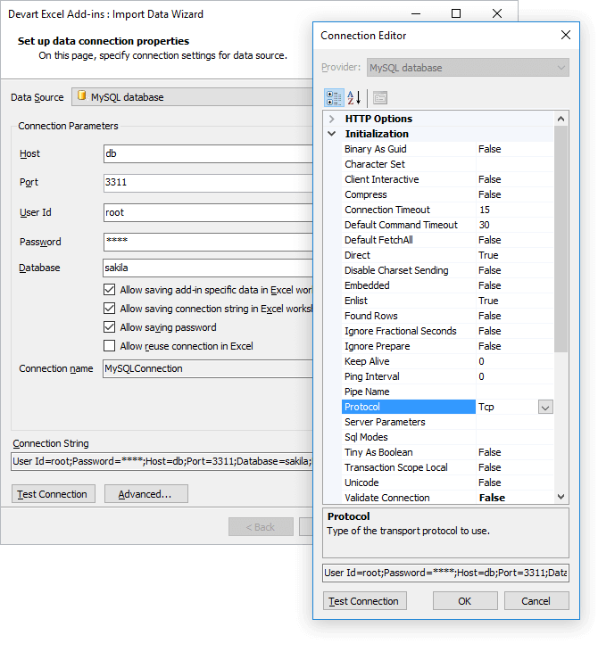 Excel MySQL connection settings