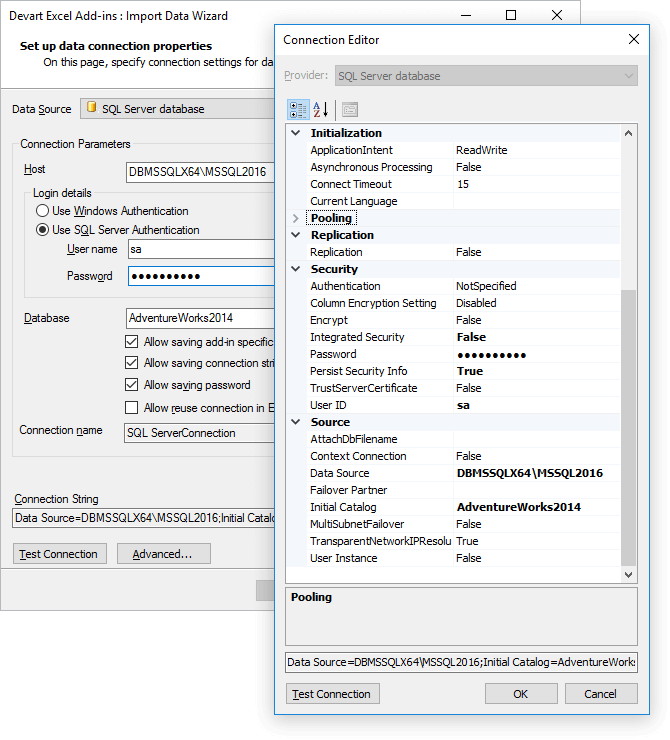 Excel SQL connection settings