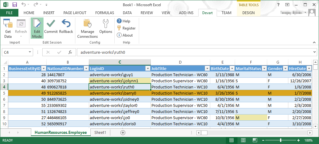 Editing SQL Server data in Excel