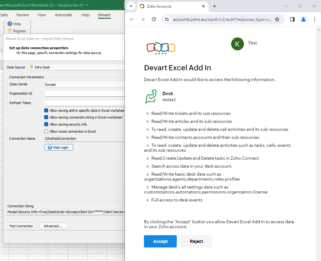 Connect to Zoho Desk from Excel