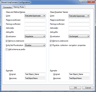 Devart LinqConnect Configuration dialog box in LINQPad - Naming Rules tab