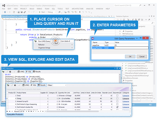 How to use LINQ Insight: place cursor on the query and press CTRL+SHIFT+R, specify parameter values, and view the generated SQL and returned data.