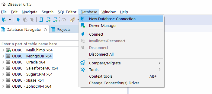 New Database Connection for Mailjet in DBeaver