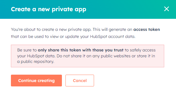 Continue creating a new private app