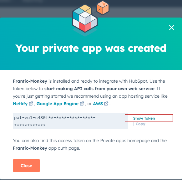 Show and Copy private app token