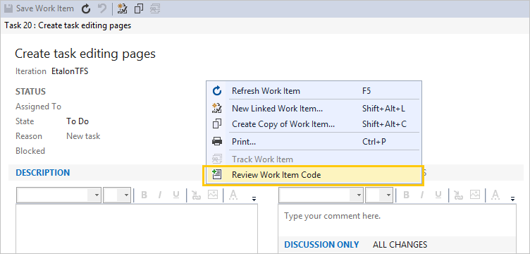 Creating a review from work item editor