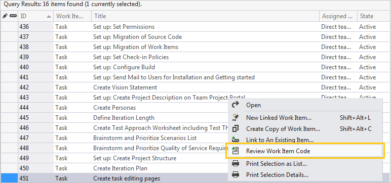 Creating a review from work item query result window