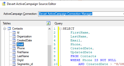 Devart ActiveCampaign Source Editor