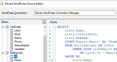 Devart SendPulse Source Editor